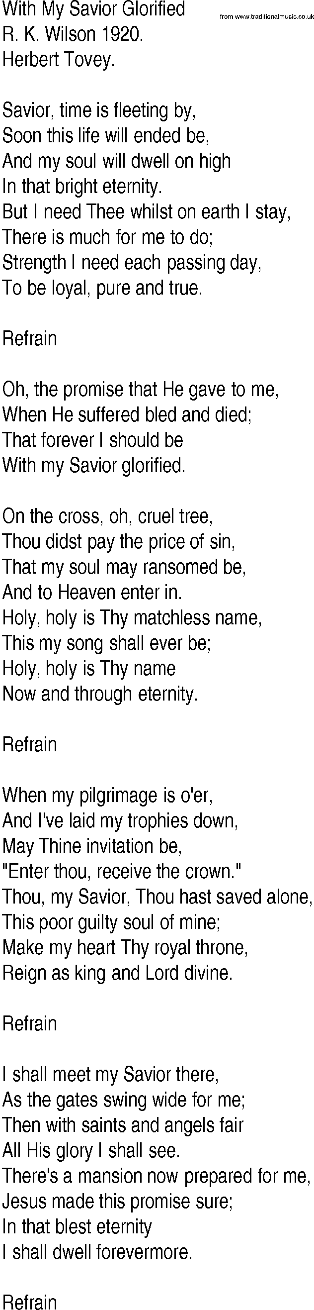 Hymn and Gospel Song: With My Savior Glorified by R K Wilson lyrics