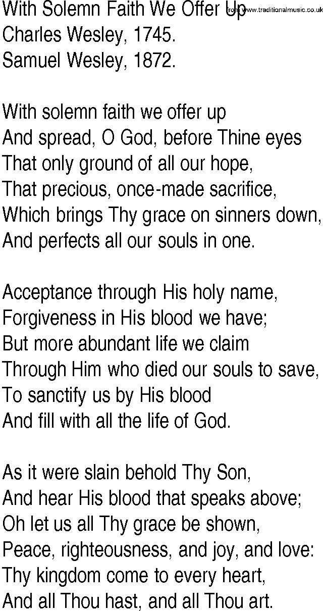Hymn and Gospel Song: With Solemn Faith We Offer Up by Charles Wesley lyrics