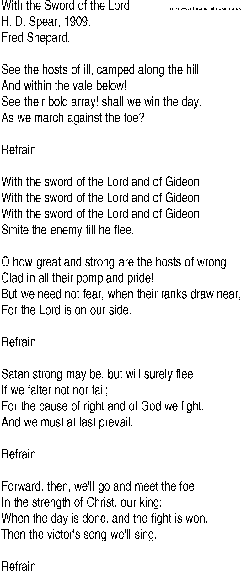 Hymn and Gospel Song: With the Sword of the Lord by H D Spear lyrics