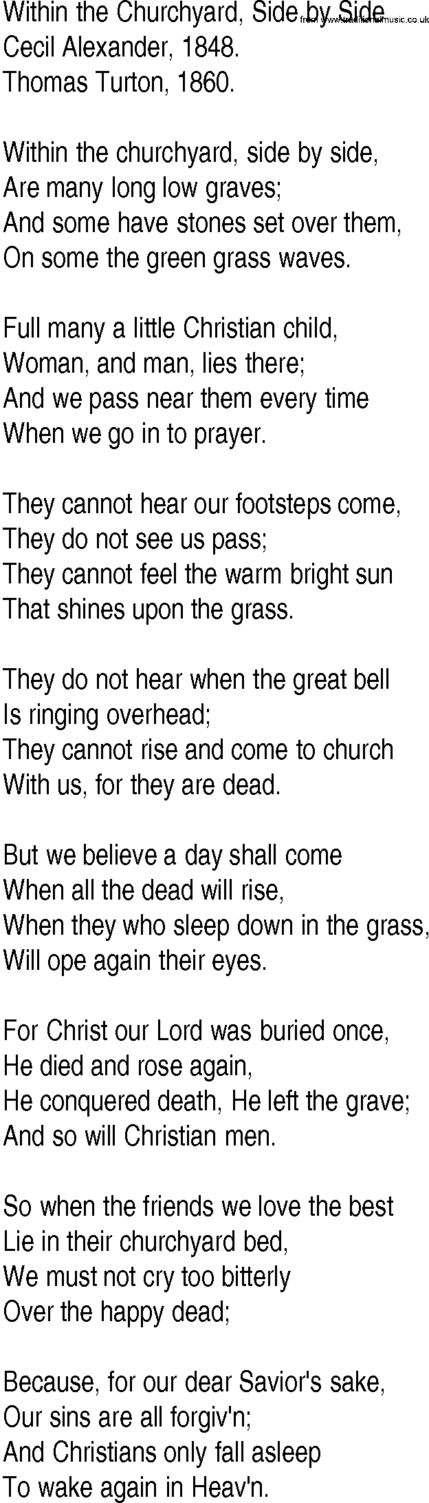 Hymn and Gospel Song: Within the Churchyard, Side by Side by Cecil Alexander lyrics