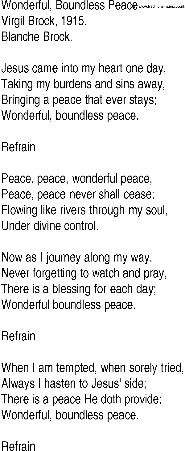 Hymn and Gospel Song: Wonderful, Boundless Peace by Virgil Brock lyrics