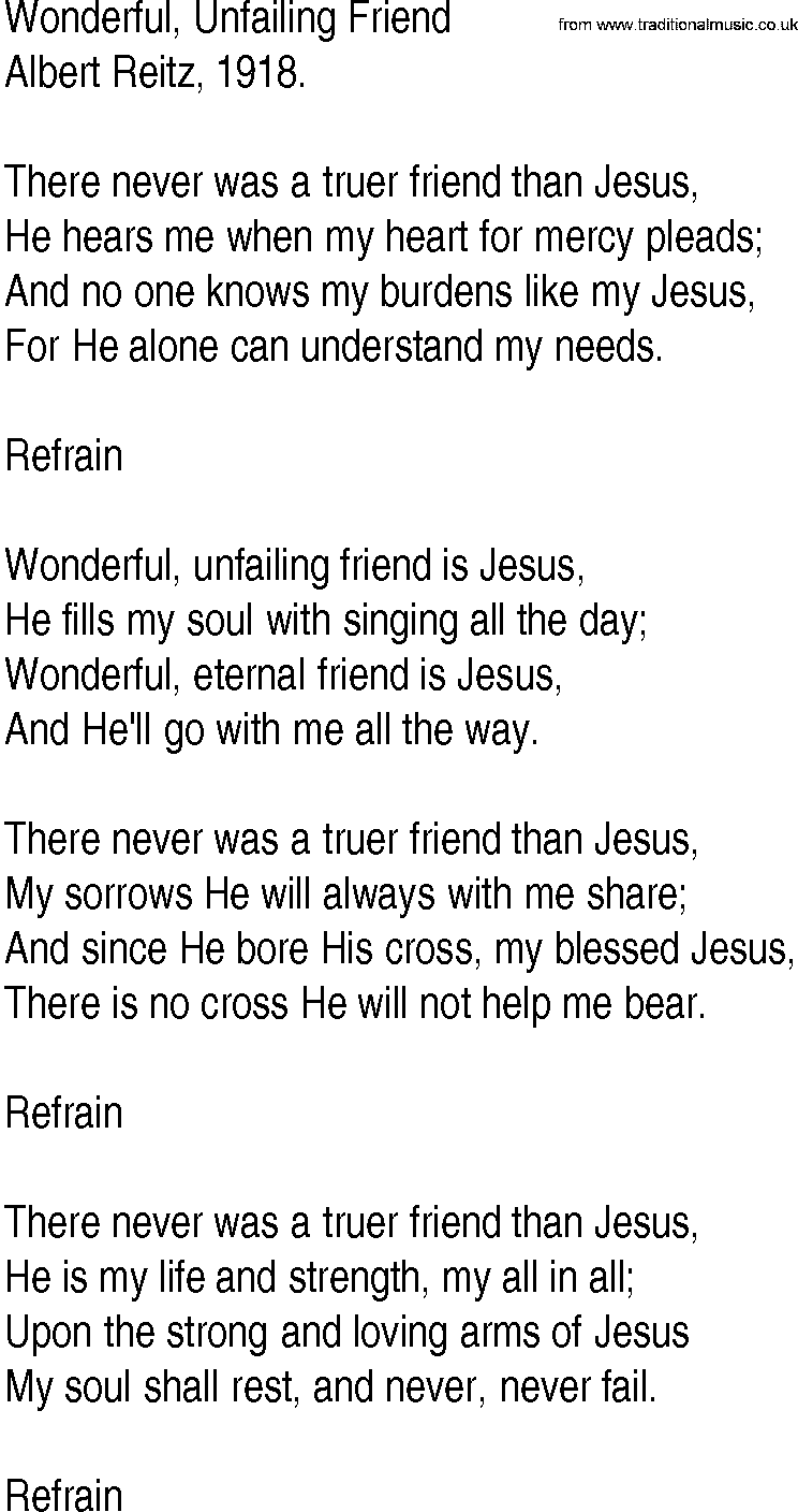 Hymn and Gospel Song: Wonderful, Unfailing Friend by Albert Reitz lyrics