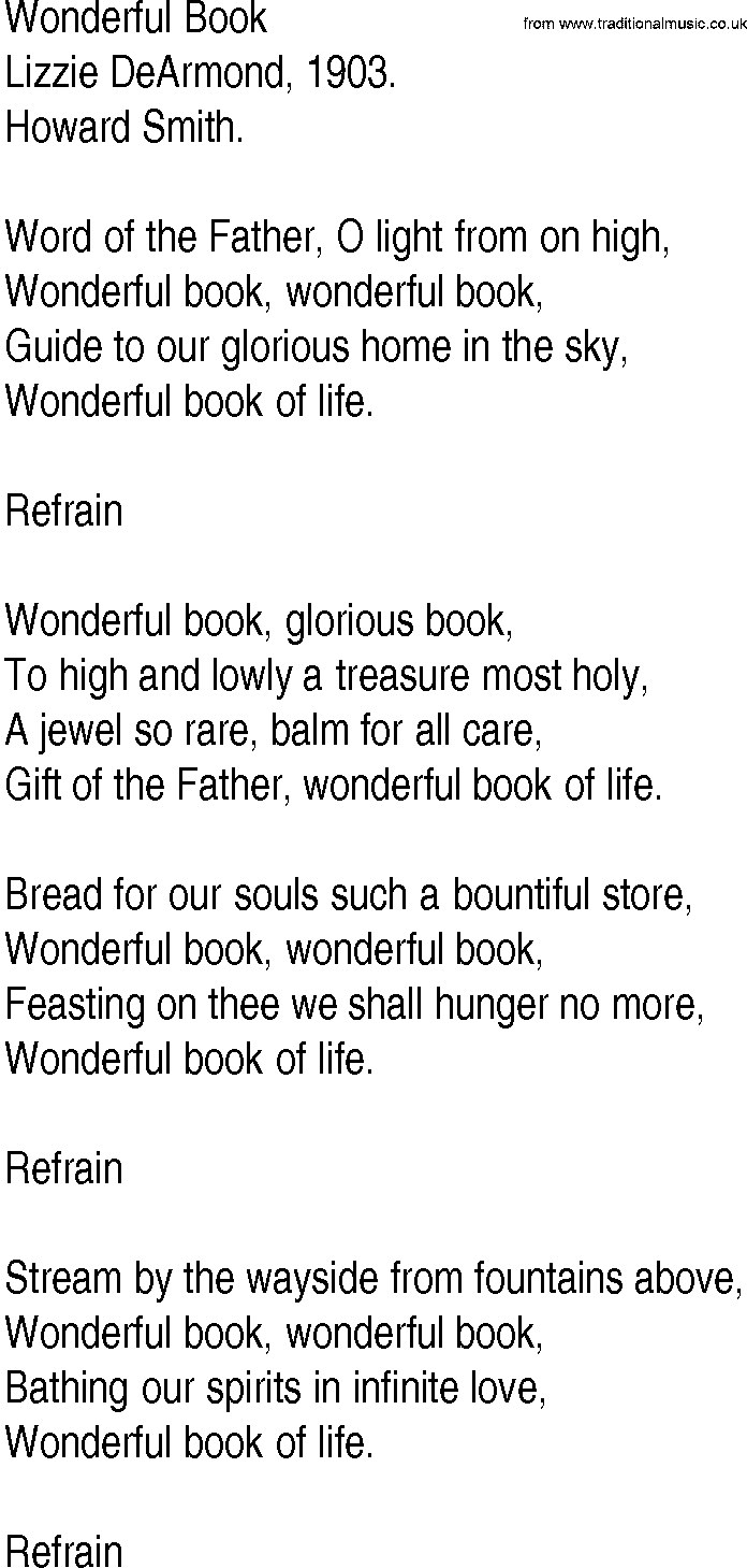 Hymn and Gospel Song: Wonderful Book by Lizzie DeArmond lyrics