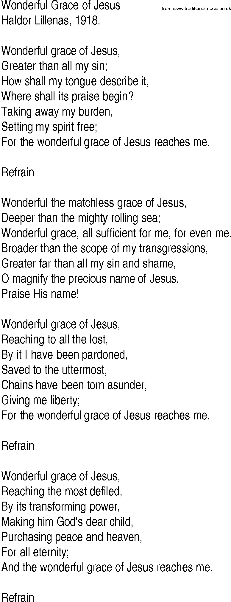 Hymn and Gospel Song: Wonderful Grace of Jesus by Haldor Lillenas lyrics