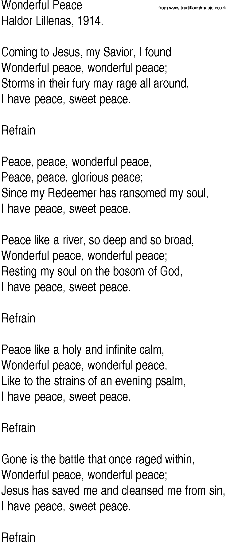 Hymn and Gospel Song: Wonderful Peace by Haldor Lillenas lyrics