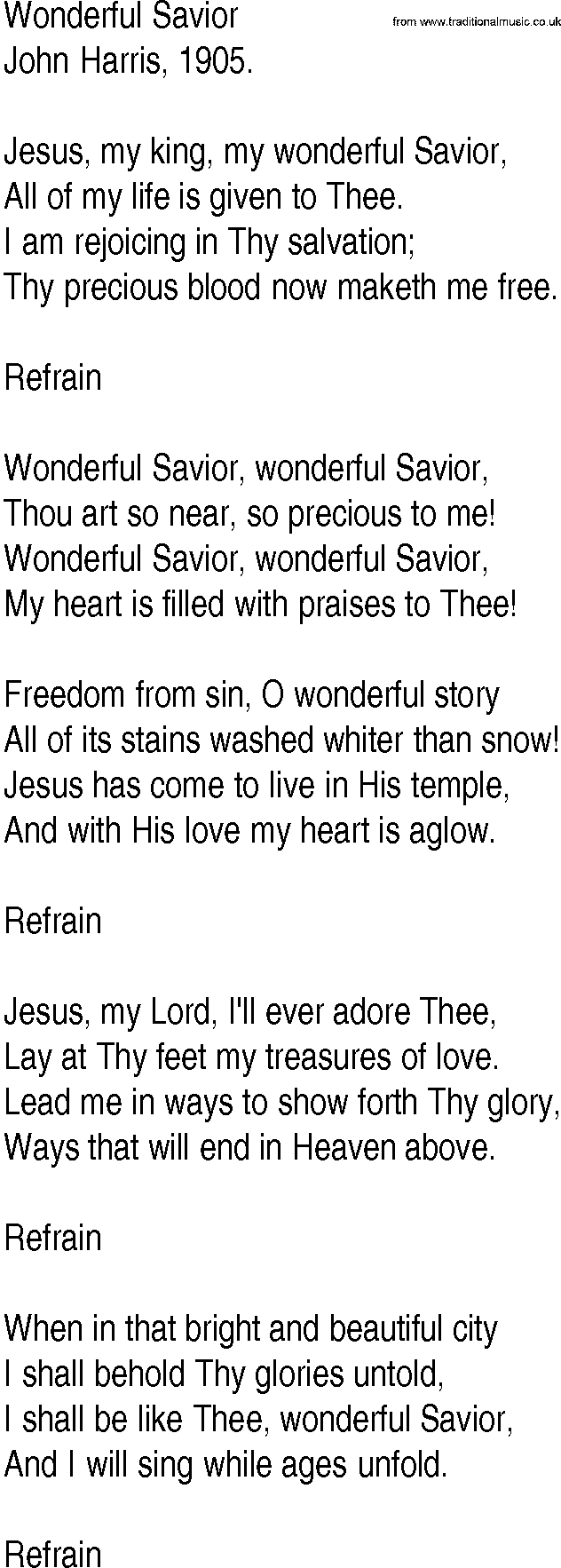 Hymn and Gospel Song: Wonderful Savior by John Harris lyrics