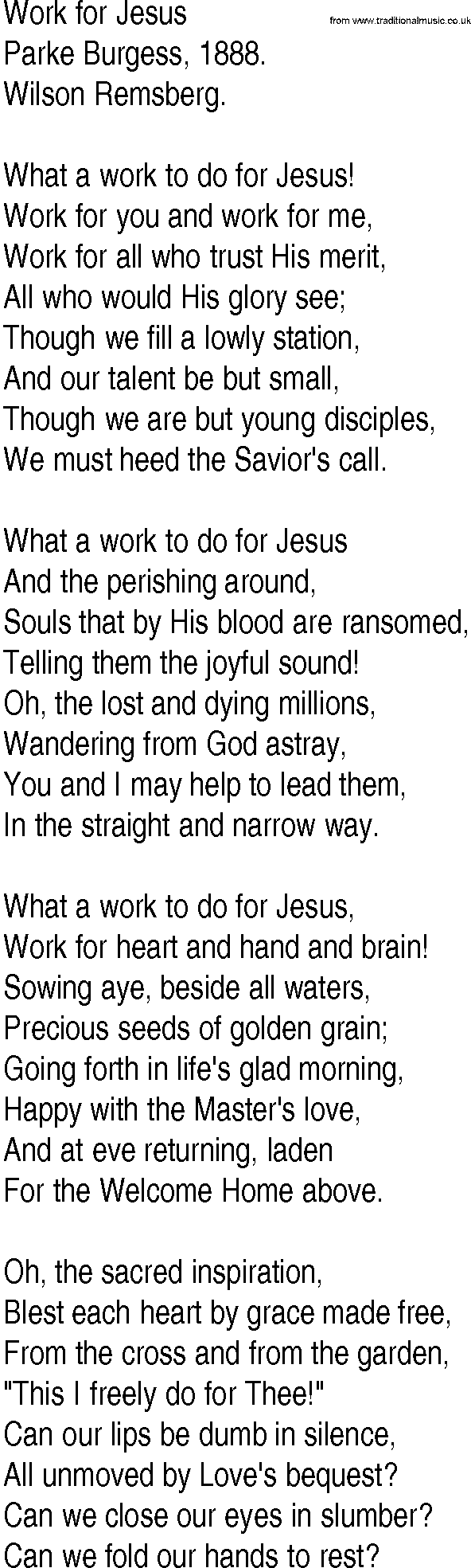 Hymn and Gospel Song: Work for Jesus by Parke Burgess lyrics