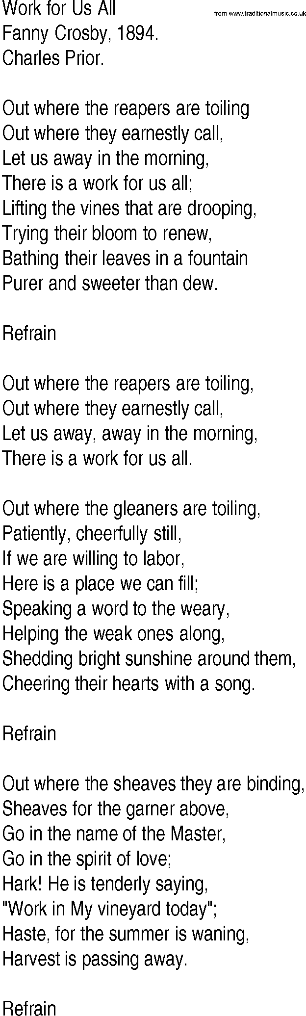 Hymn and Gospel Song: Work for Us All by Fanny Crosby lyrics