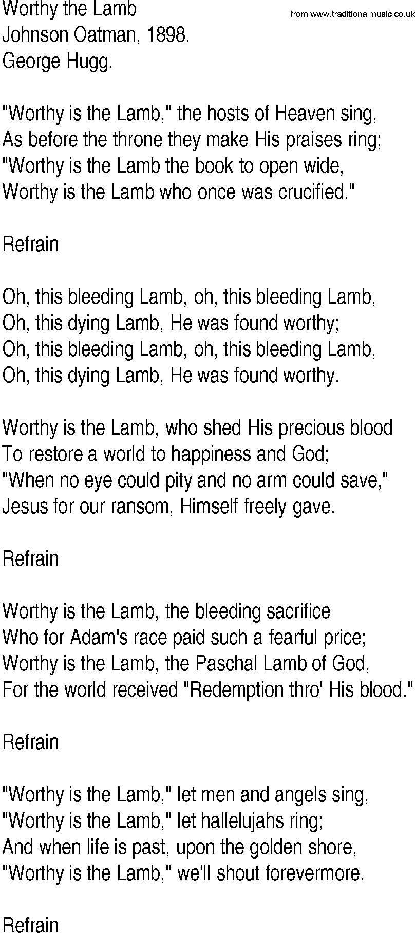 Hymn and Gospel Song: Worthy the Lamb by Johnson Oatman lyrics