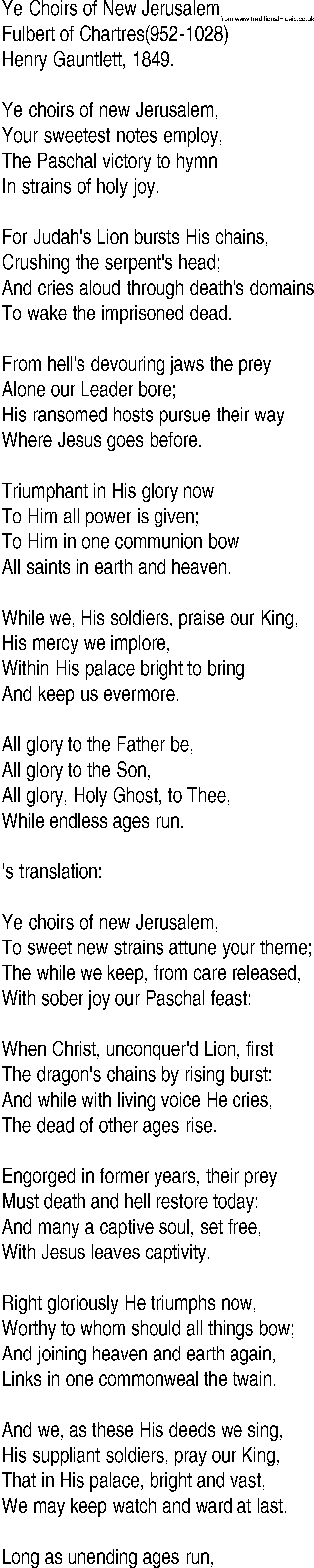 Hymn and Gospel Song: Ye Choirs of New Jerusalem by Fulbert of Chartres lyrics