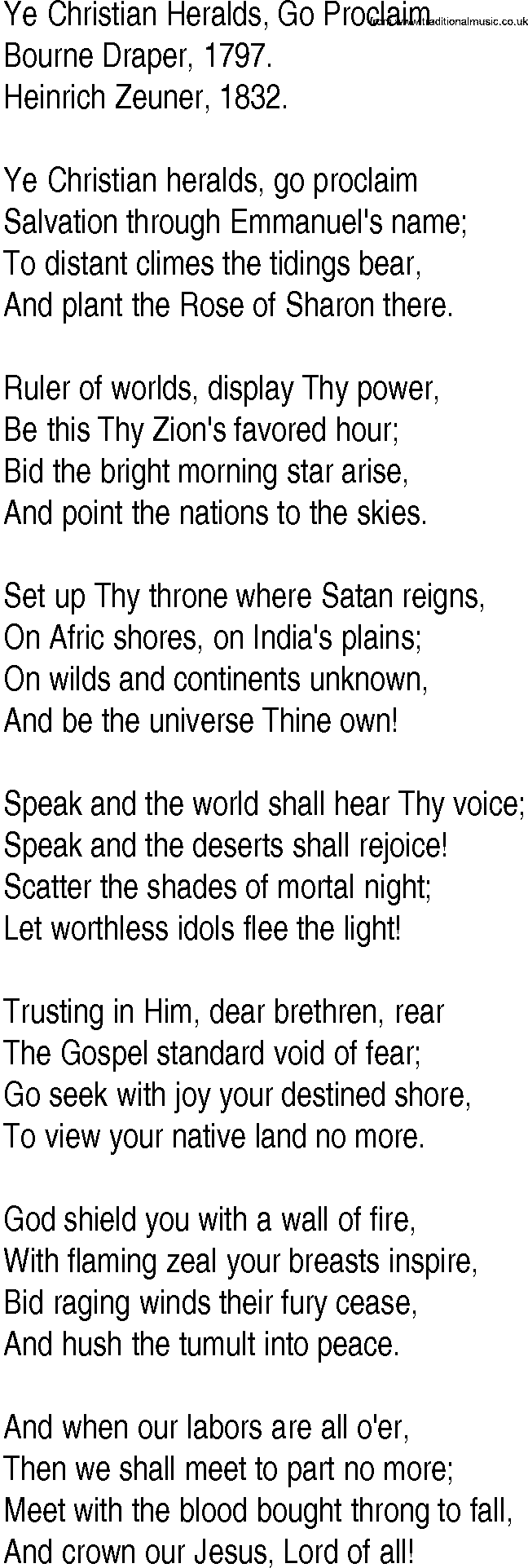 Hymn and Gospel Song: Ye Christian Heralds, Go Proclaim by Bourne Draper lyrics