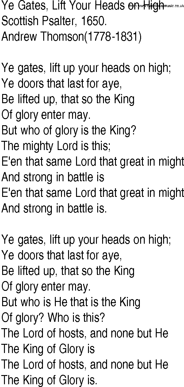 Hymn and Gospel Song: Ye Gates, Lift Your Heads on High by Scottish Psalter lyrics
