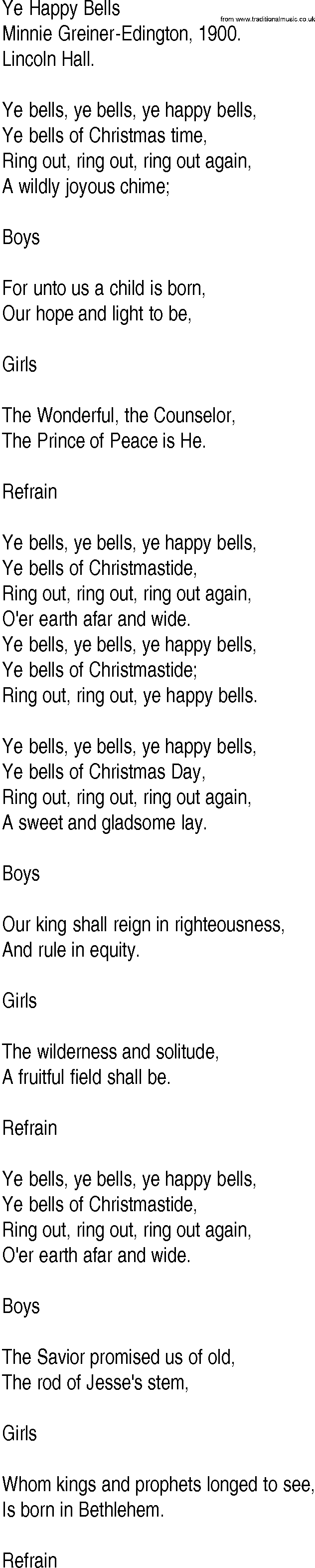 Hymn and Gospel Song: Ye Happy Bells by Minnie GreinerEdington lyrics
