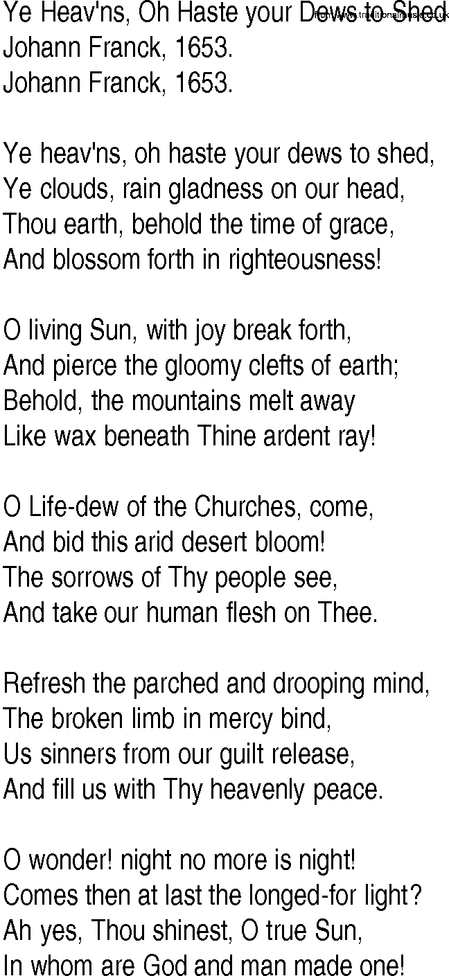 Hymn and Gospel Song: Ye Heav'ns, Oh Haste your Dews to Shed by Johann Franck lyrics