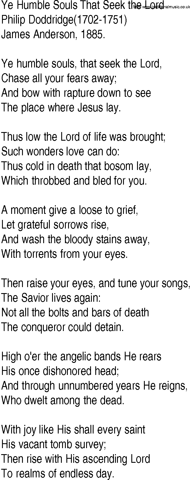 Hymn and Gospel Song: Ye Humble Souls That Seek the Lord by Philip Doddridge lyrics