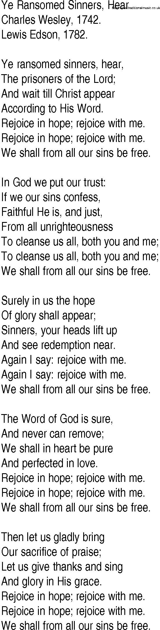 Hymn and Gospel Song: Ye Ransomed Sinners, Hear by Charles Wesley lyrics