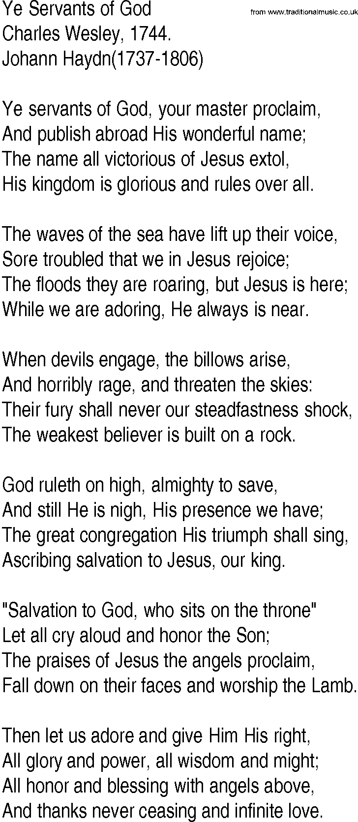 Hymn and Gospel Song: Ye Servants of God by Charles Wesley lyrics