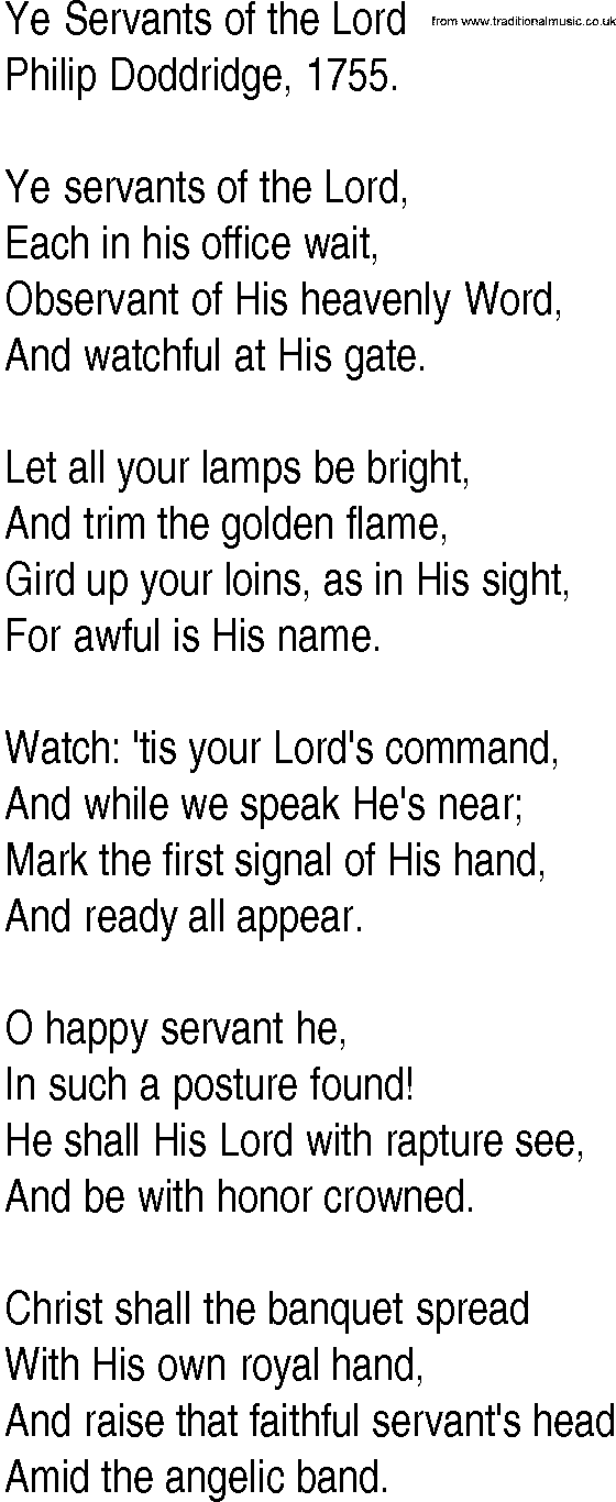 Hymn and Gospel Song: Ye Servants of the Lord by Philip Doddridge lyrics