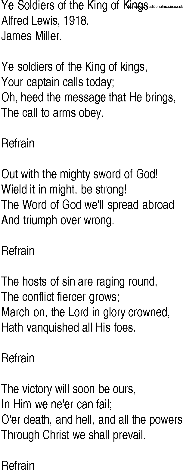 Hymn and Gospel Song: Ye Soldiers of the King of Kings by Alfred Lewis lyrics
