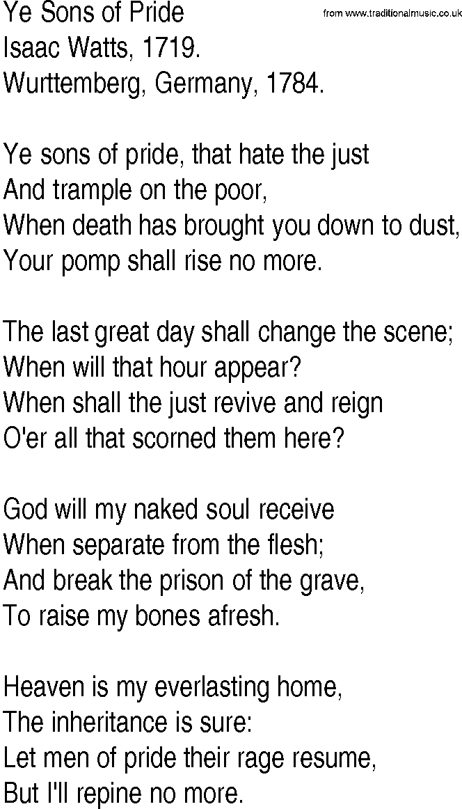 Hymn and Gospel Song: Ye Sons of Pride by Isaac Watts lyrics