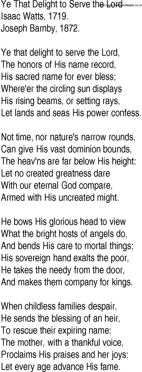 Hymn and Gospel Song: Ye That Delight to Serve the Lord by Isaac Watts lyrics