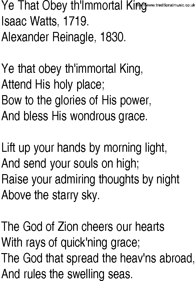 Hymn and Gospel Song: Ye That Obey th'Immortal King by Isaac Watts lyrics