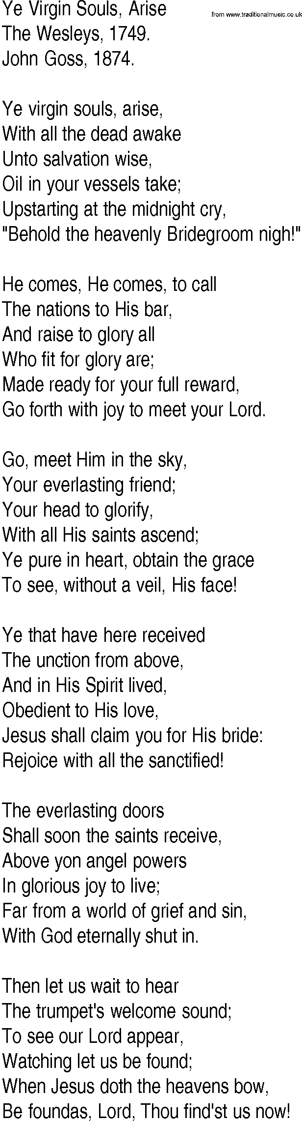Hymn and Gospel Song: Ye Virgin Souls, Arise by The Wesleys lyrics