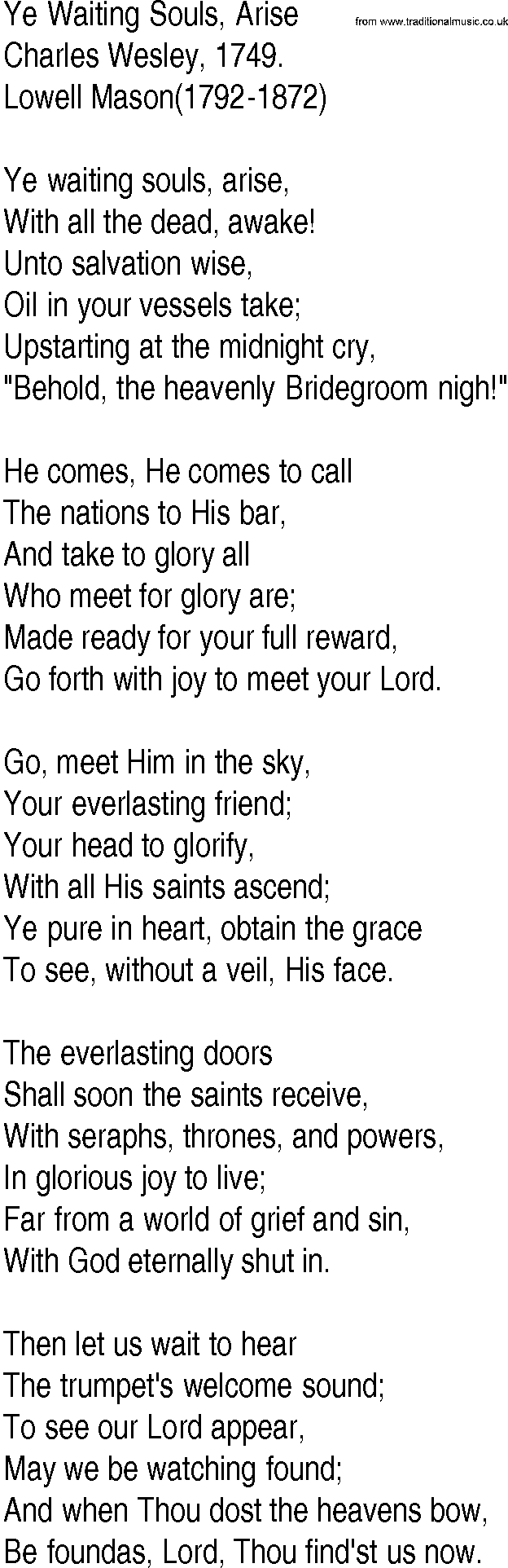 Hymn and Gospel Song: Ye Waiting Souls, Arise by Charles Wesley lyrics