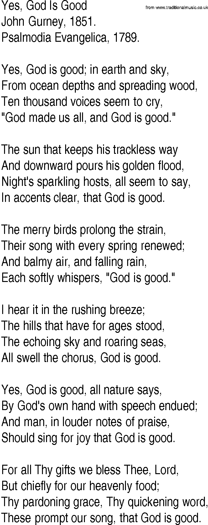 Hymn and Gospel Song: Yes, God Is Good by John Gurney lyrics