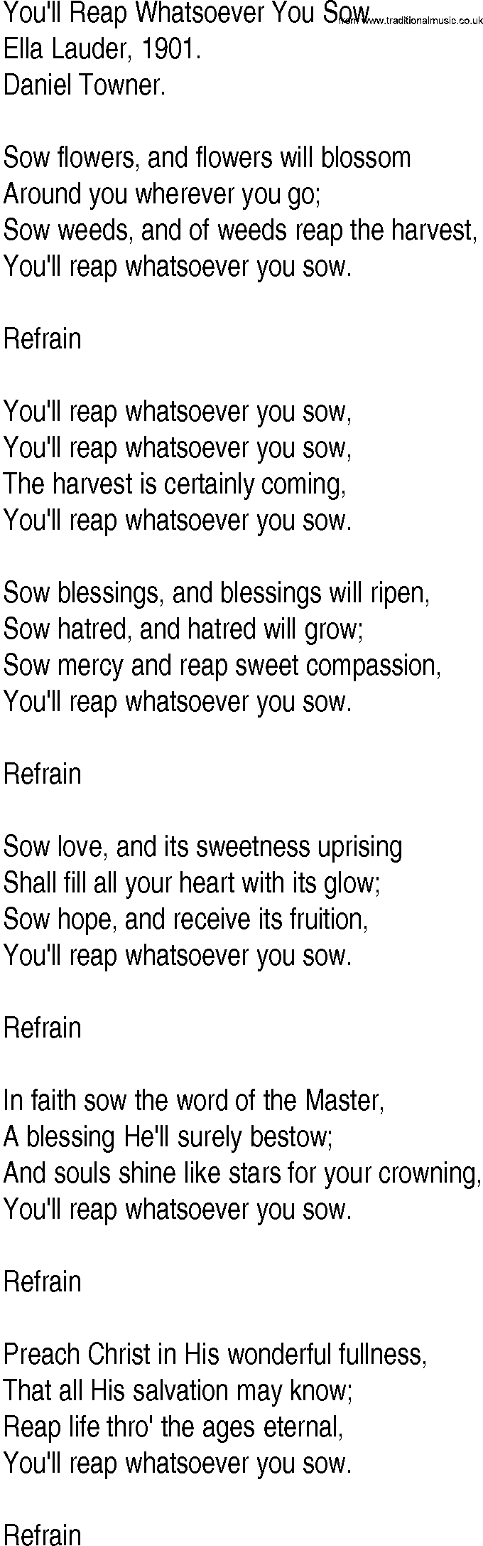 Hymn and Gospel Song: You'll Reap Whatsoever You Sow by Ella Lauder lyrics