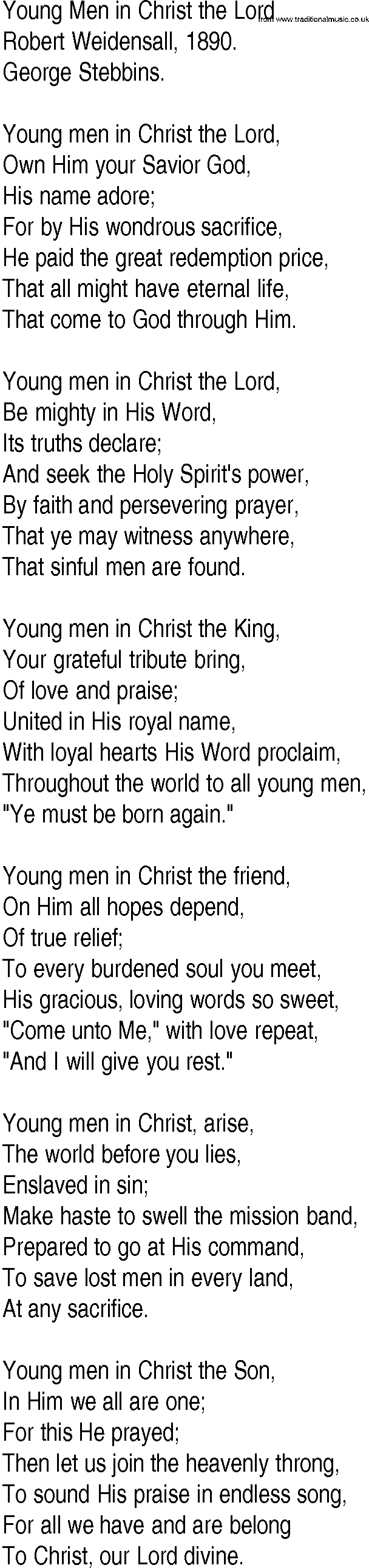 Hymn and Gospel Song: Young Men in Christ the Lord by Robert Weidensall lyrics