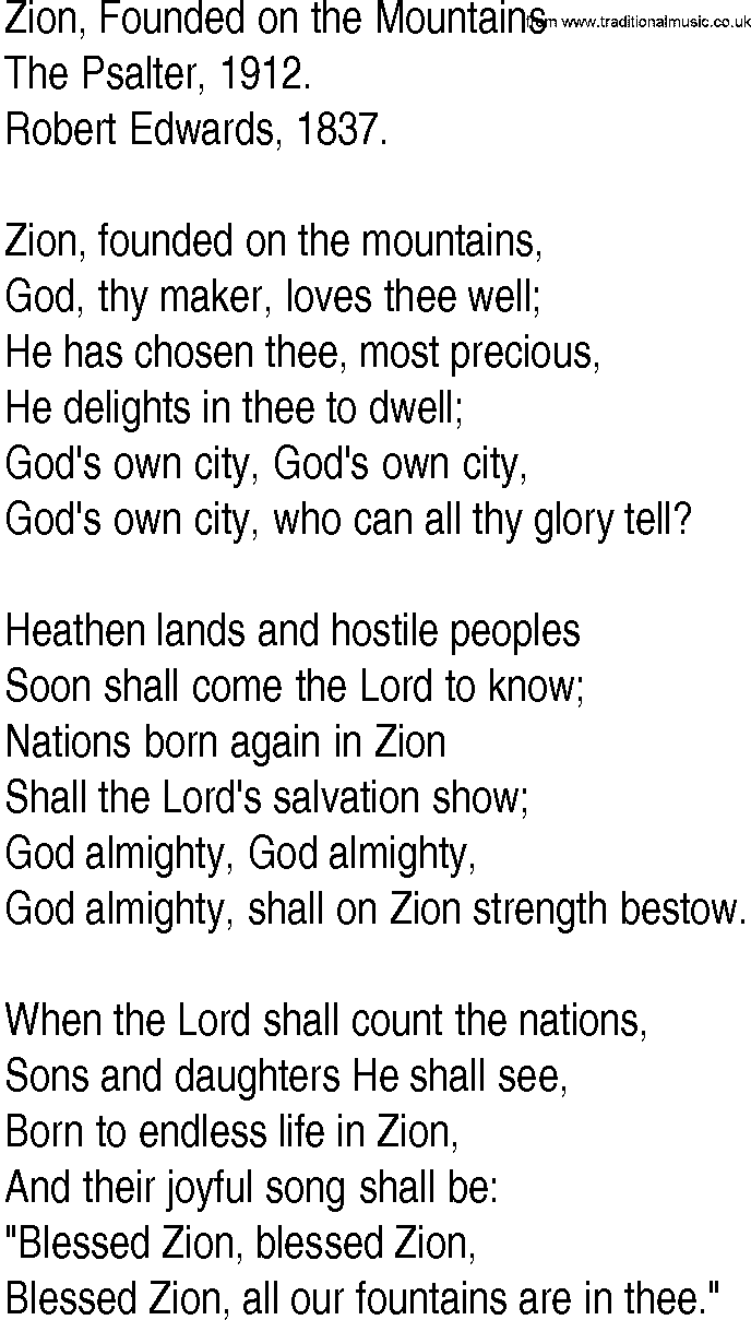 Hymn and Gospel Song: Zion, Founded on the Mountains by The Psalter lyrics