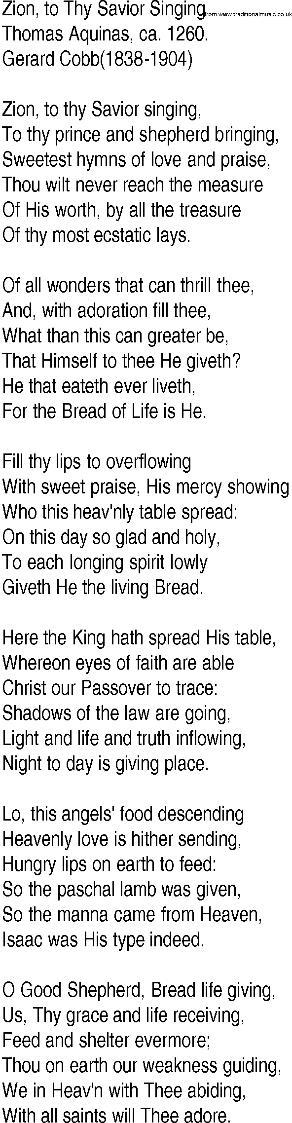 Hymn and Gospel Song: Zion, to Thy Savior Singing by Thomas Aquinas ca lyrics