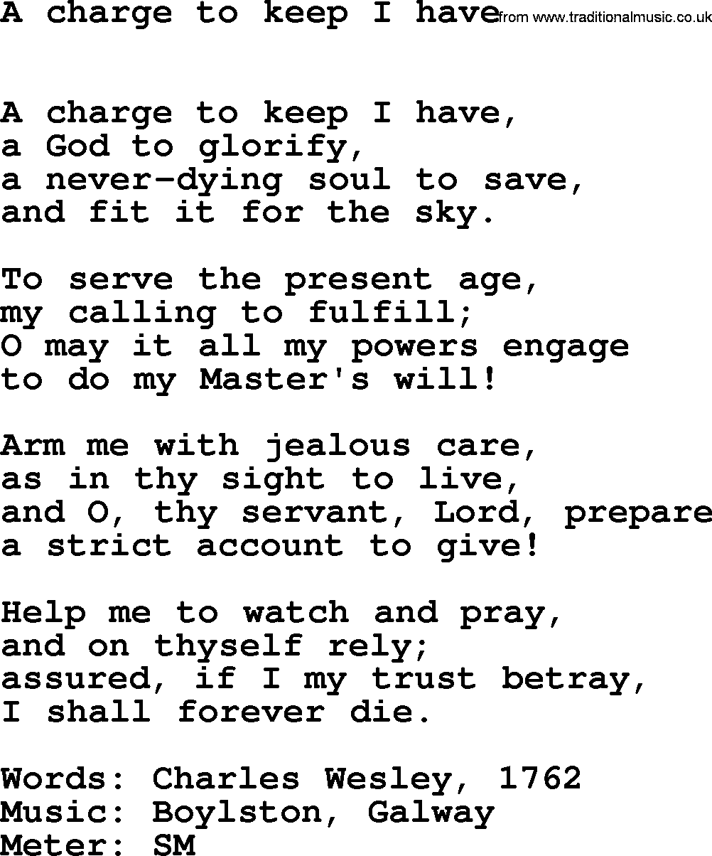 Hymns Ancient and Modern Hymn: A Charge To Keep I Have, lyrics with midi music