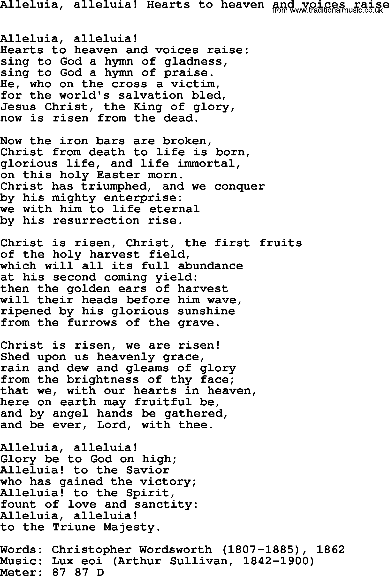 Hymns Ancient and Modern Hymn: Alleluia, Alleluia! Hearts To Heaven And Voices Raise, lyrics with midi music