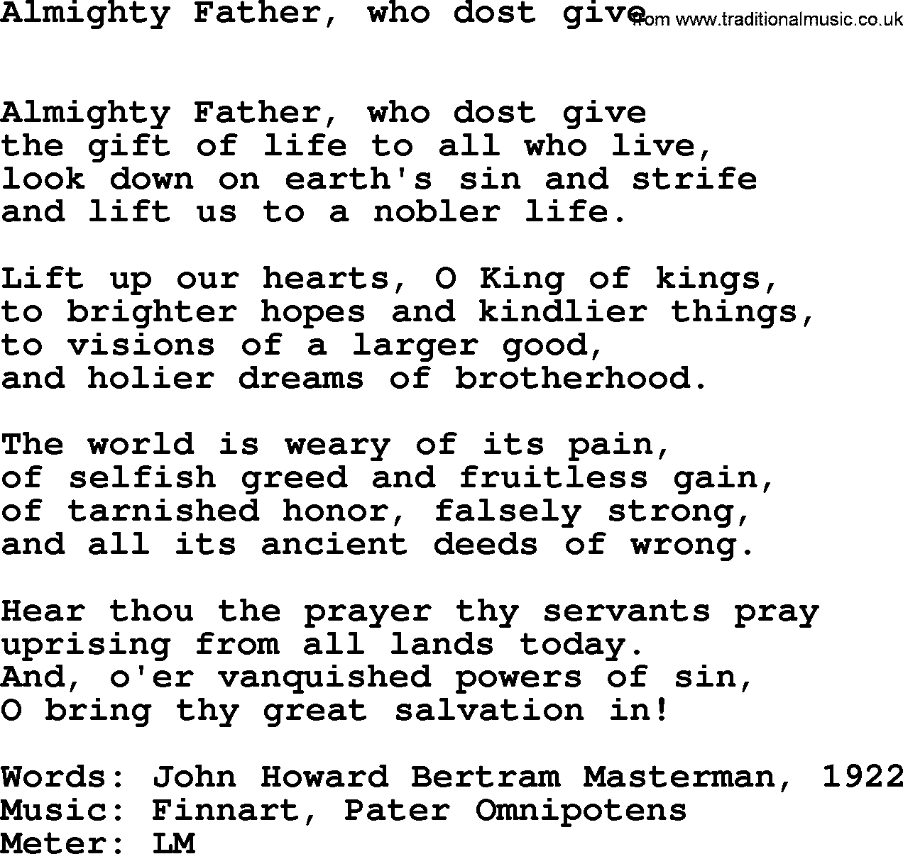 Hymns Ancient and Modern Hymn: Almighty Father, Who Dost Give, lyrics with midi music