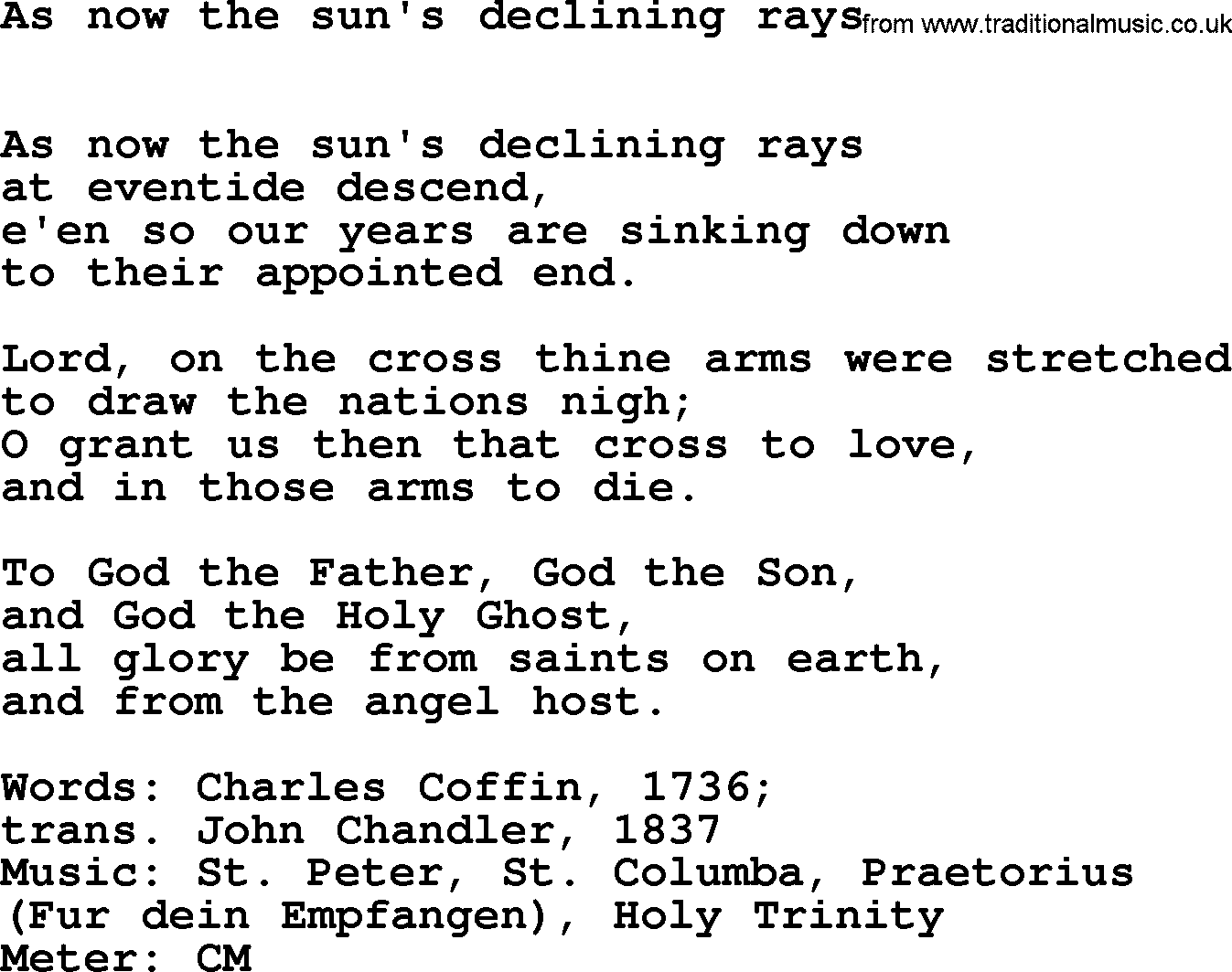 Hymns Ancient and Modern Hymn: As Now The Sun's Declining Rays, lyrics with midi music