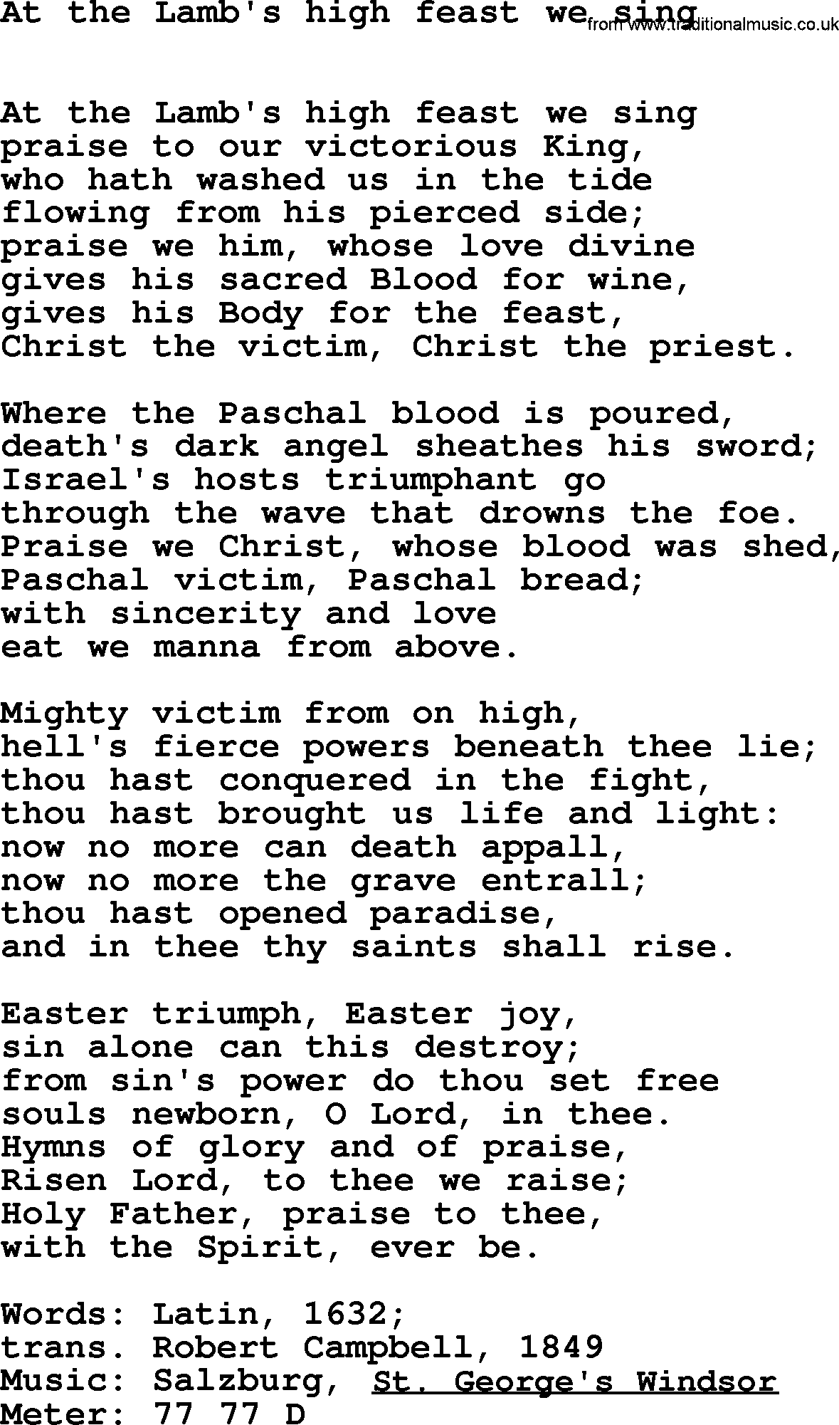 Hymns Ancient and Modern Hymn: At The Lamb's High Feast We Sing, lyrics with midi music
