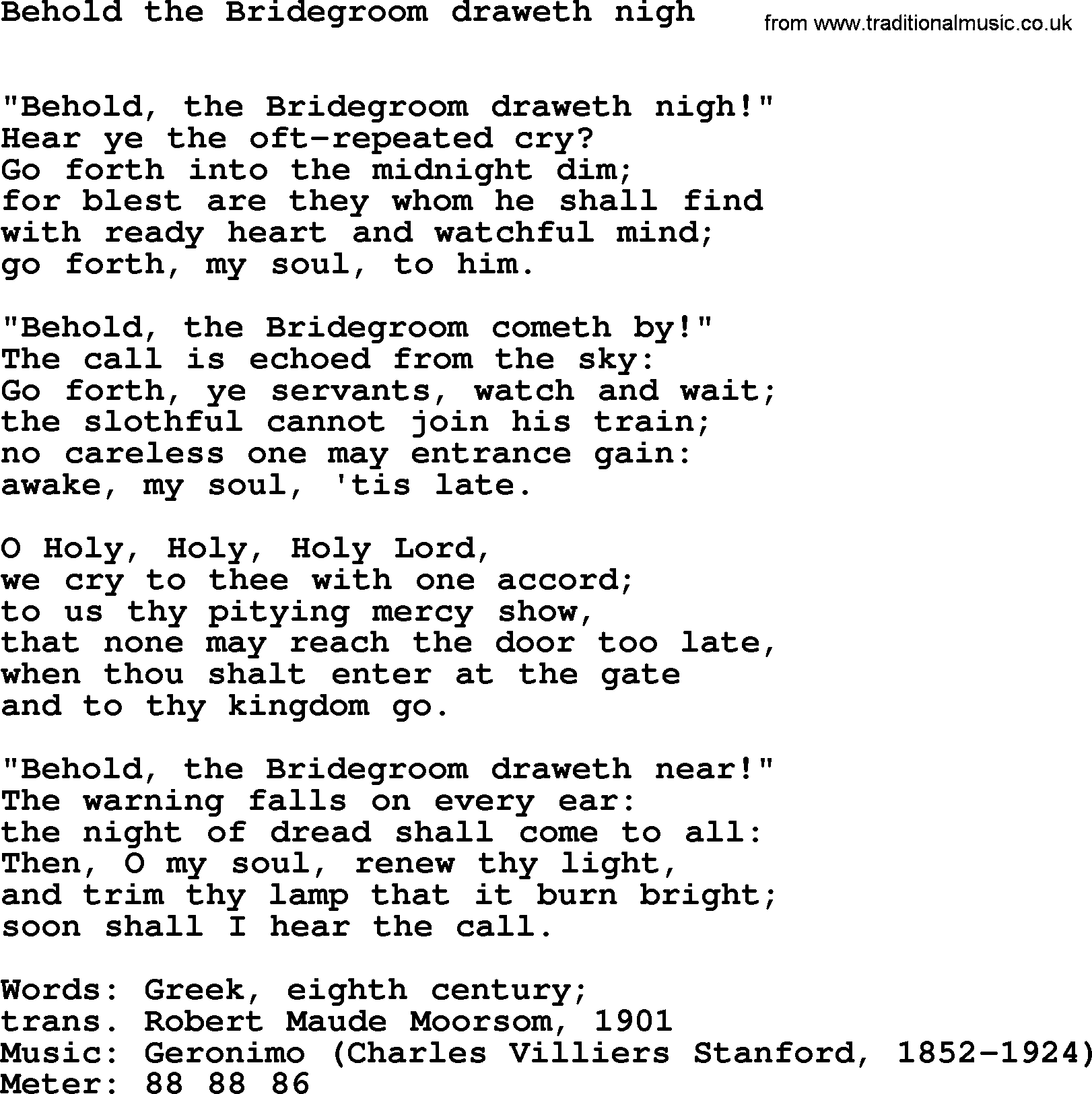 Hymns Ancient and Modern Hymn: Behold The Bridegroom Draweth Nigh, lyrics with midi music