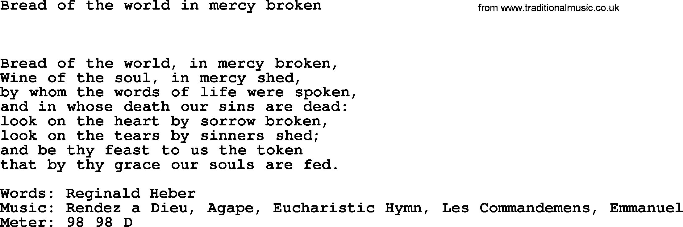 Hymns Ancient and Modern Hymn: Bread Of The World In Mercy Broken, lyrics with midi music