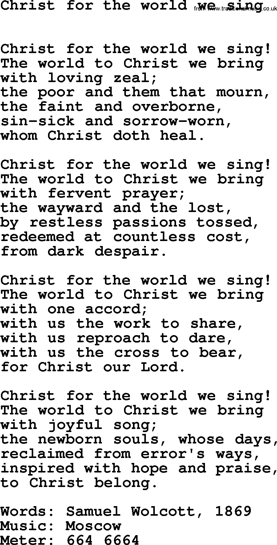 Hymns Ancient and Modern Hymn: Christ For The World We Sing, lyrics with midi music