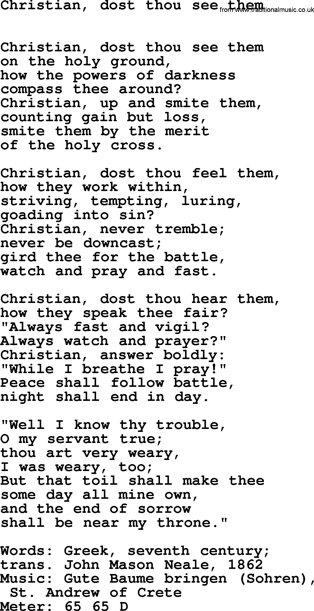 Hymns Ancient and Modern Hymn: Christian, Dost Thou See Them, lyrics with midi music