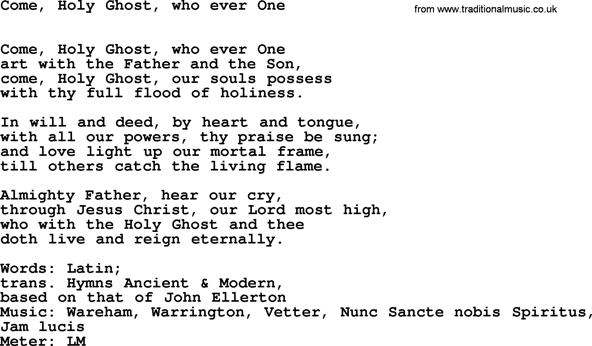 Hymns Ancient and Modern Hymn: Come, Holy Ghost, Who Ever One, lyrics with midi music