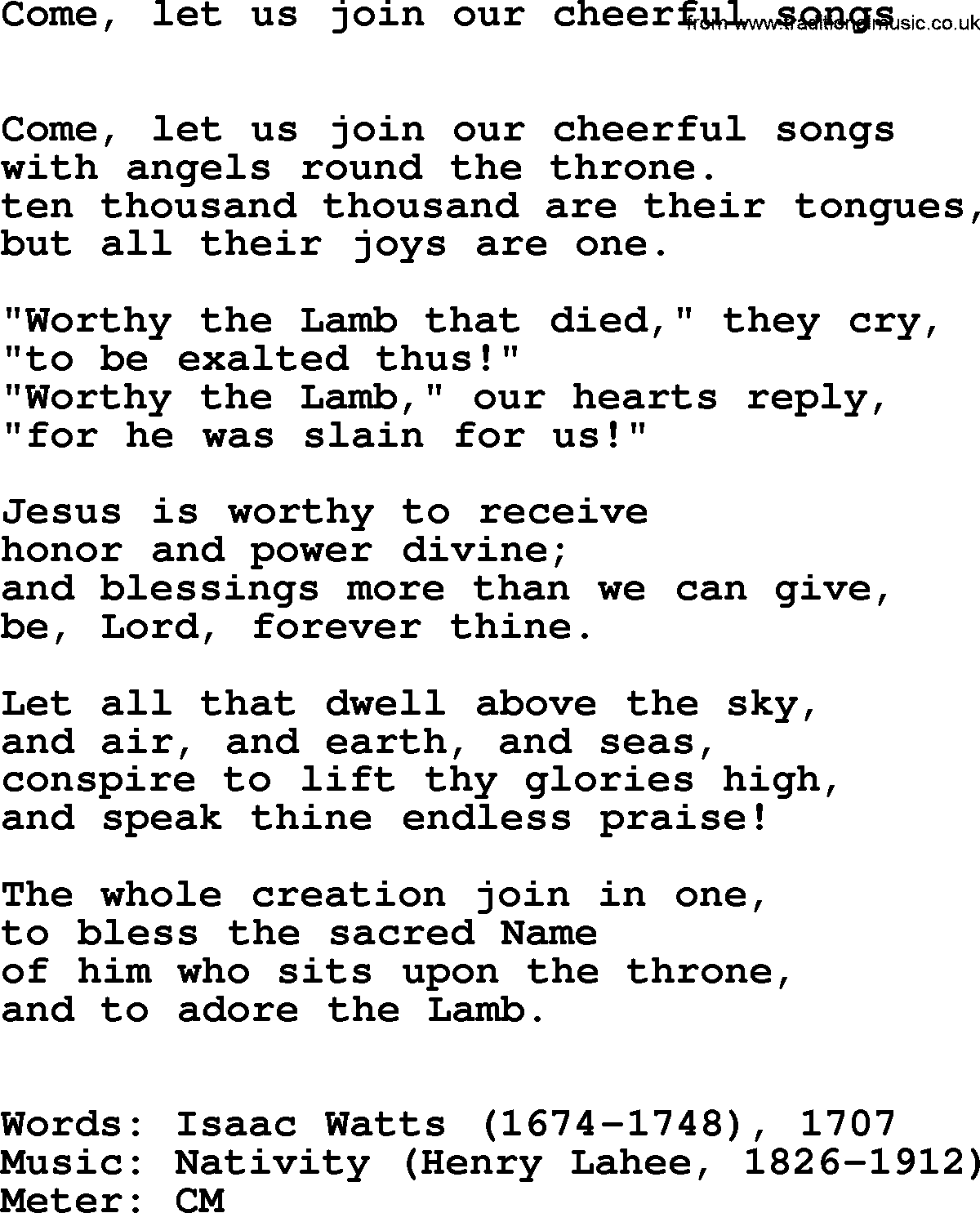 Hymns Ancient and Modern Hymn: Come, Let Us Join Our Cheerful Songs, lyrics with midi music