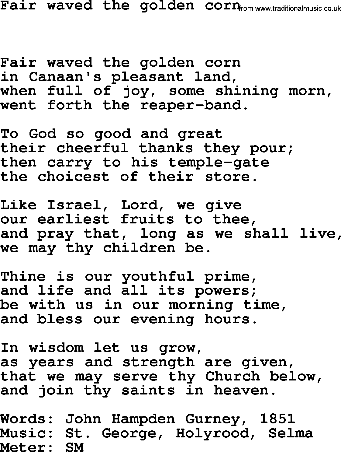 Hymns Ancient and Modern Hymn: Fair Waved The Golden Corn, lyrics with midi music