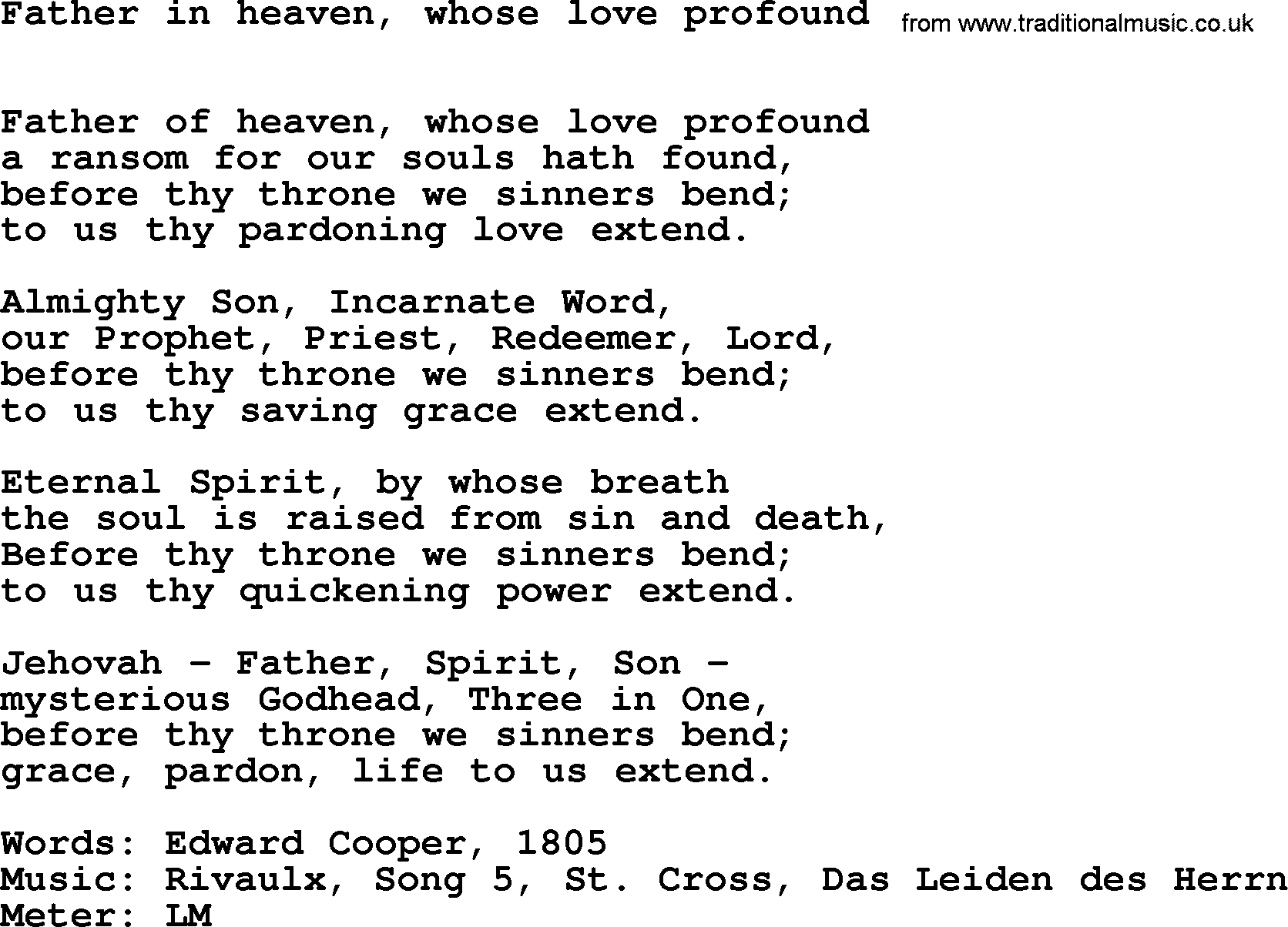 Hymns Ancient and Modern Hymn: Father In Heaven, Whose Love Profound, lyrics with midi music