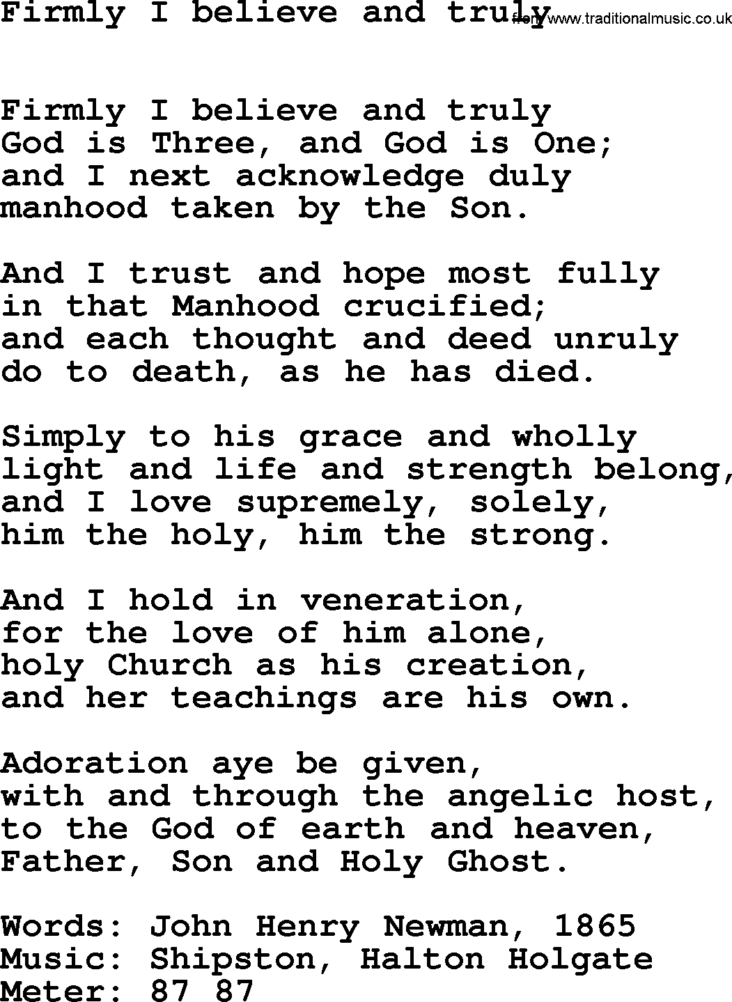 Hymns Ancient and Modern Hymn: Firmly I Believe And Truly, lyrics with midi music