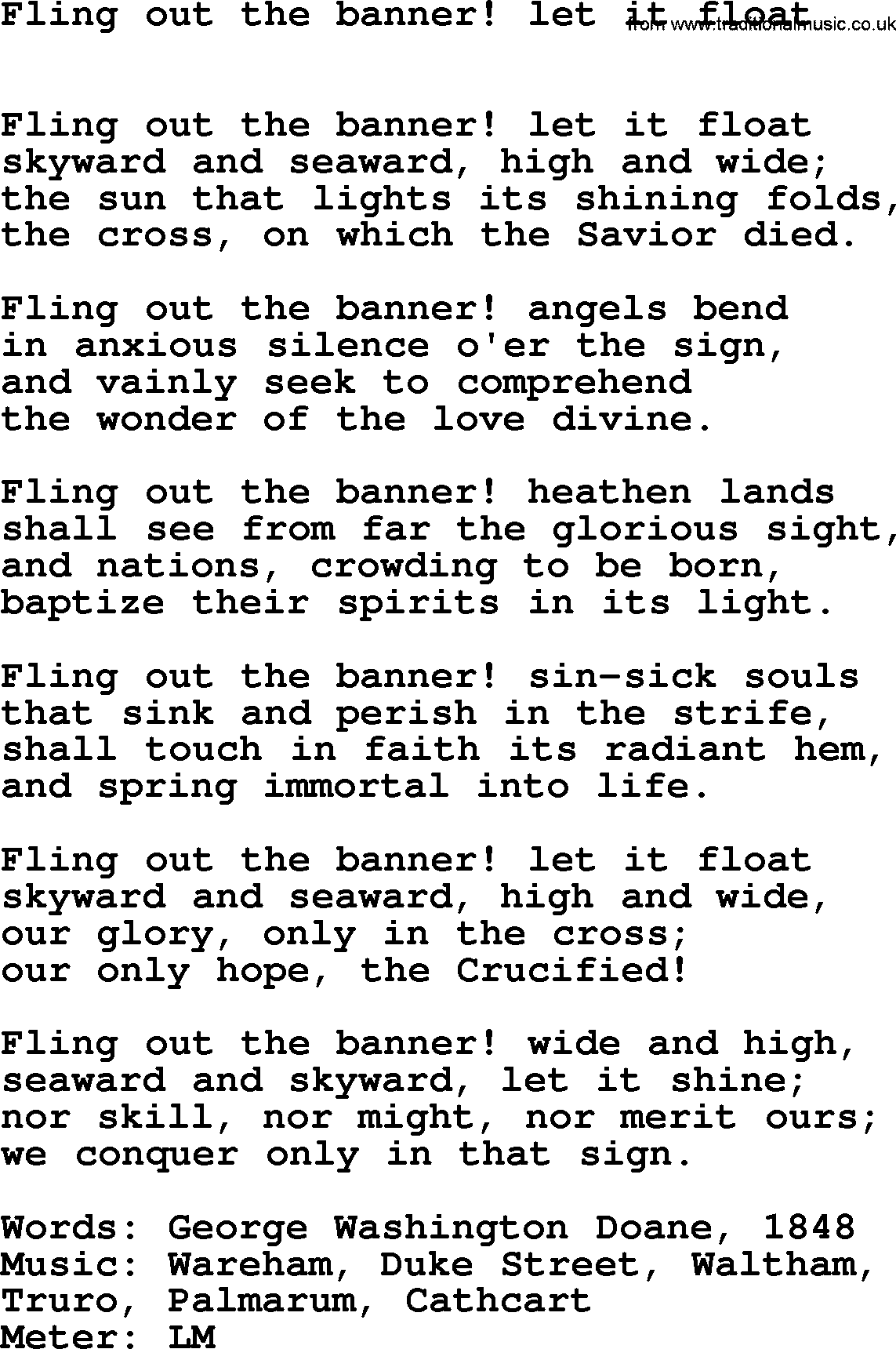 Hymns Ancient and Modern Hymn: Fling Out The Banner! Let It Float, lyrics with midi music