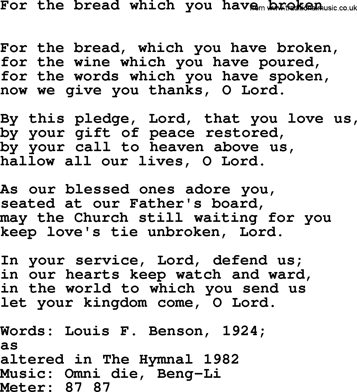 Hymns Ancient and Modern Hymn: For The Bread Which You Have Broken, lyrics with midi music