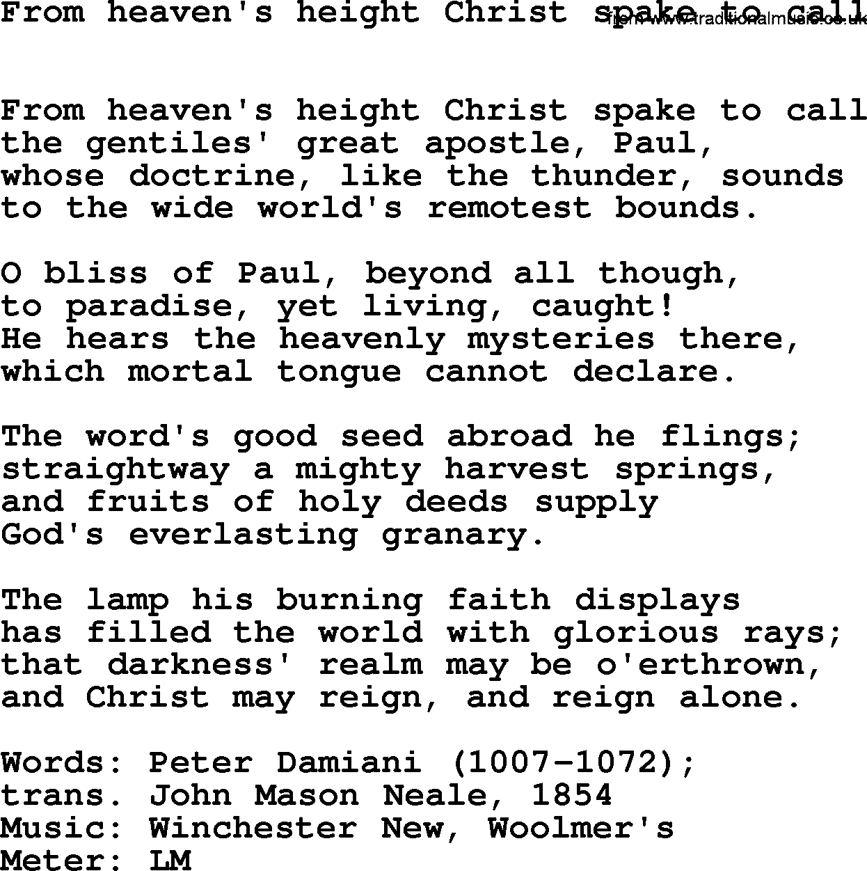 Hymns Ancient and Modern Hymn: From Heaven's Height Christ Spake To Call, lyrics with midi music